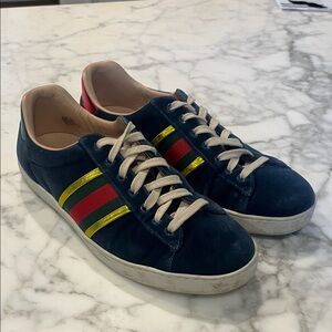 Gucci Navy Suede Sneakers with Red & Green Stripe and Gold Trim